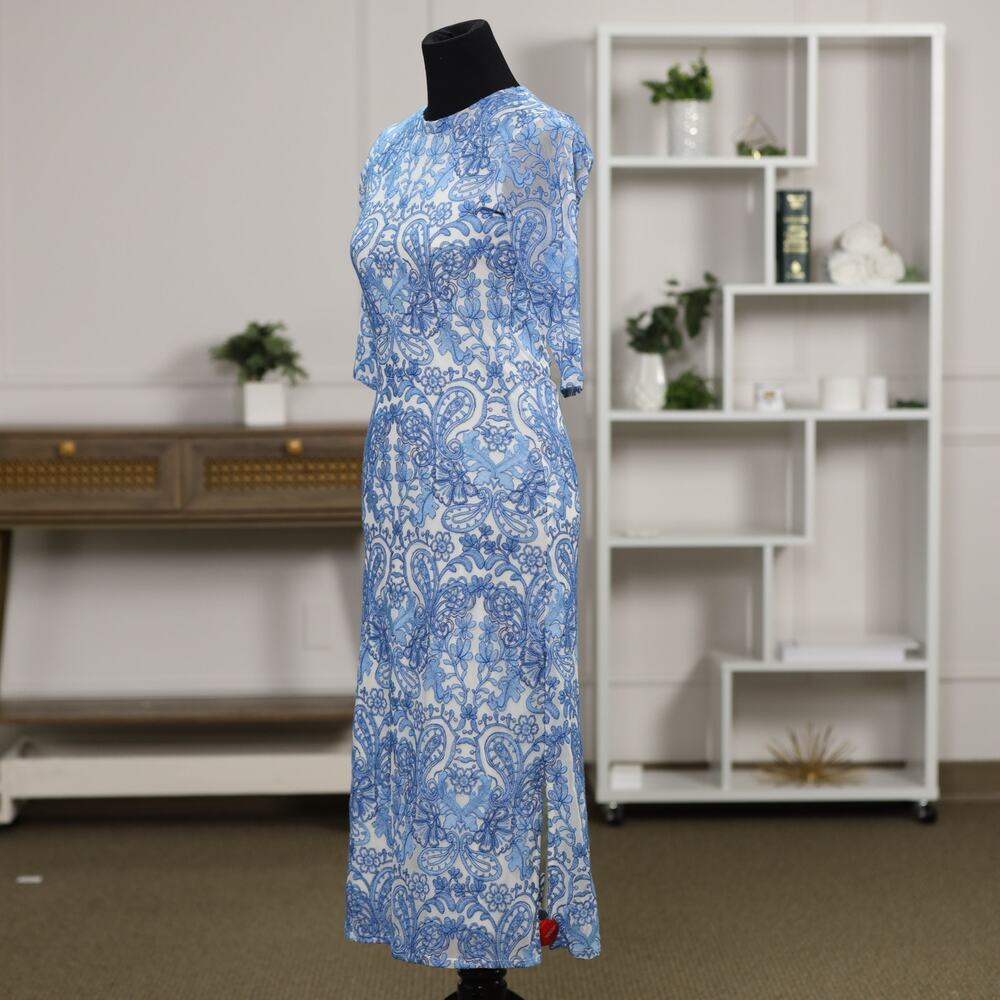 Rare NWT Johnny Was Jade Wynifred Mesh Midi Dress Blue Damask Embroidered Boho - Picture 6 of 15